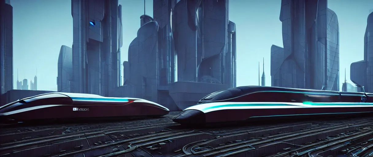 Prompt: futuristic city center with 890J maglev train in background, modern landscape architectural design for brutalist industrialpunk black and white concrete and glass, train with maroon, white and teal metallic accents, gorgeous lighting, golden hour, cyberpunk, 2077, dramatic lighting and composition, photography, 8k, origin 100i, star citizen concept art, single line, central focus, golden ratio, minimalistic composition, side profile, Tokyo, JR sc Maglev, TGV, Eurostar