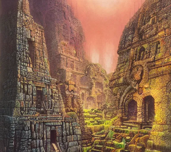 Prompt: The Lost City, illustration by Michael Whelan and Pete Lyon, fantasy art, visionary art, acrylic painting, smooth blending