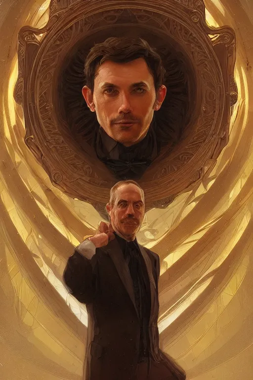 Image similar to portrait of mr who, his time machine is in the background, m, intricate, elegant, highly detailed, digital painting, artstation, concept art, smooth, sharp, focus, illustration, art by artgerm and greg rutkowski and alphonse mucha