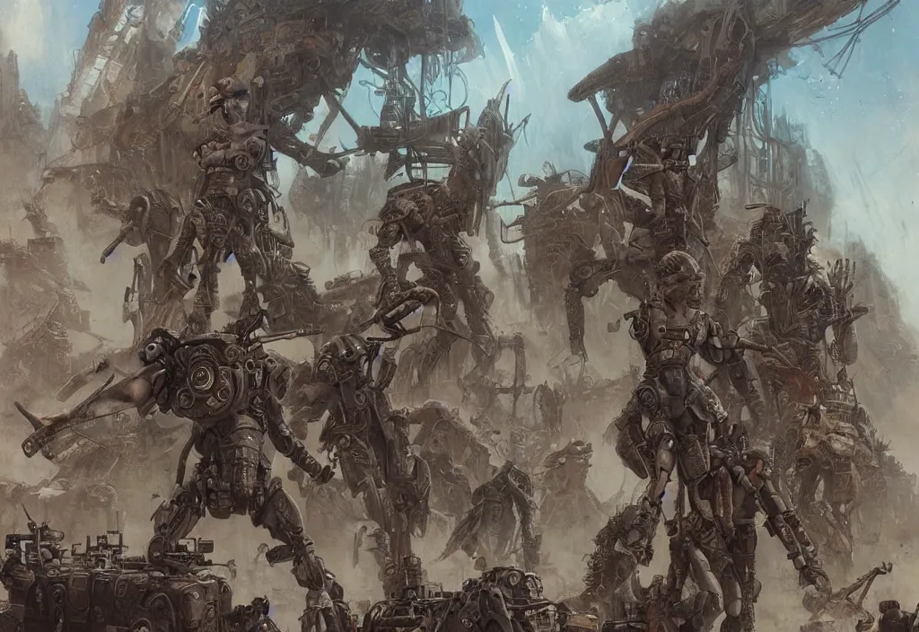 Image similar to postapocalyptic cyborg tribal armies battle in rock desert ultra realistic, blade runner, peter mohrbacher, wayne barlowe, boris vallejo, aaron horkey, gaston bussiere