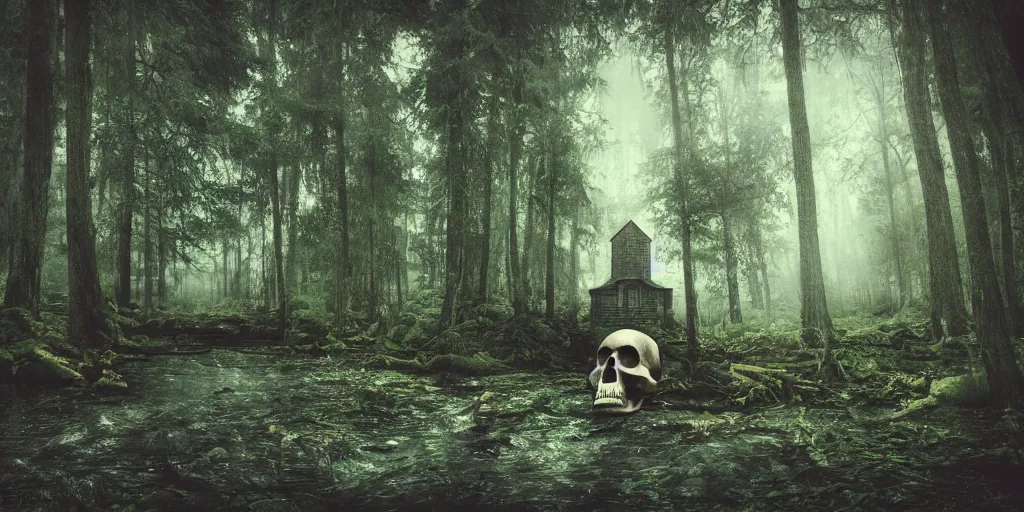 Image similar to a photo of a dream world, forest, river, skull, church