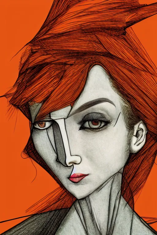 Image similar to portrait of triangle shaped redhead woman head with single cubism eye, in the style of Greg Broadmore and Arthur Rackham,trending on artstation, light lighting side view,digital art,surrealism ,macro,blueprint ,vaporwave ,