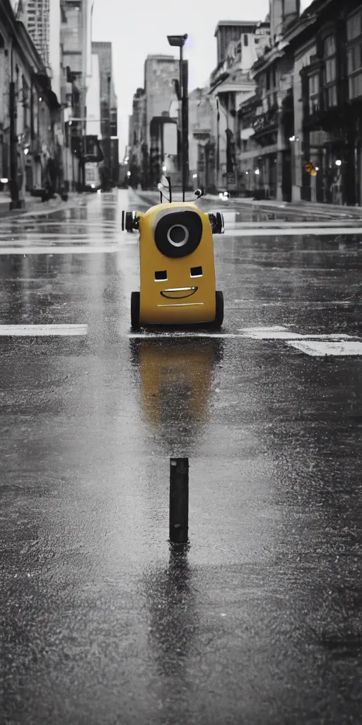 Image similar to robot on the road, city, photo, rain,