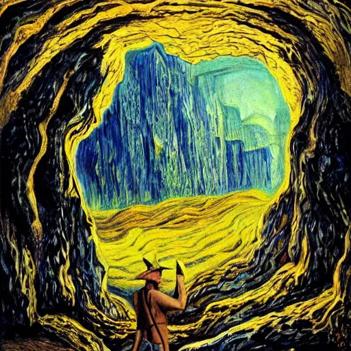 Image similar to a painting of a man standing in front of a cave, a surrealist painting by nikolai astrup, deviantart, psychedelic art, lovecraftian, cosmic horror, poster art