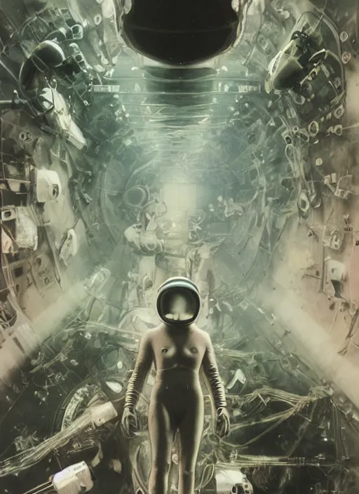 Image similar to astronauts in dark and empty void underwater - complex and hyperdetailed technical suit. reflection and dispersion materials. rays and dispersion of light. volumetric light. 5 0 mm, f / 3 2. noise film photo. flash photography. ultra realistic, wide angle. poster by wayne barlowe, hajime sorayama aaron horkey, craig mullins. polaroid.