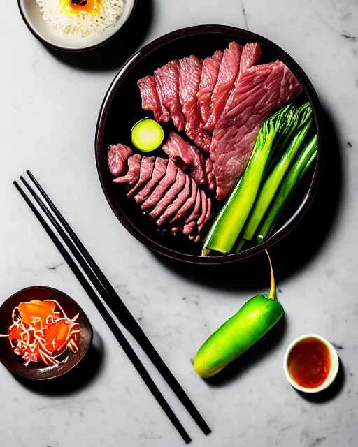 Image similar to realistic photo of delicious yakiniku, bowl, soja, white kitchen table, cloth, marble, highly detailed, by louise lister, sara ali, mary devinat, kailee mandel, masterpiece, award winning, food photography