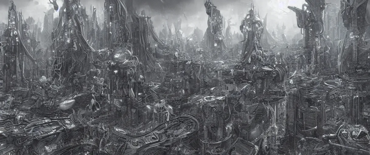 Prompt: matte graphite illustration of a sci-fi utopian city, award winning concept art, trending on art station, retrofuturism, bauhaus, insanely detailed, intricate complexity, epic scale, stunning vista, flying cars, flying zeppelin, deiselpunk