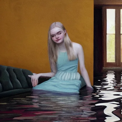 Prompt: painting of Elle Fanning in a flooded house interior, by metaphysical style