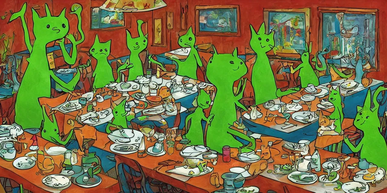 Image similar to long table big family style diner in the artistic style of slightly surreal cat in the cat book iconography but replace cat with little green aliens wearing costumes highly detailed
