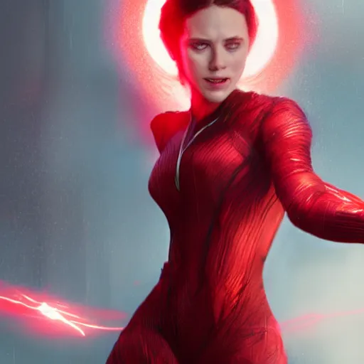 Prompt: movie still of scarlet witch creating a magical barrier made of red energy around herself, photorealistic art style, futurism aesthetic, artstation, cgsociety contest winner