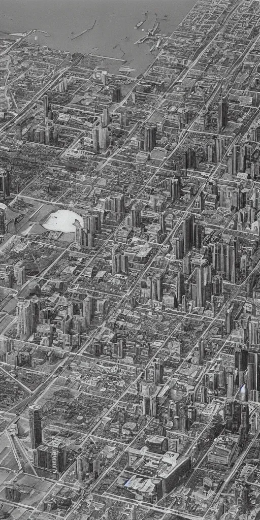 Prompt: high detail intaglio of toronto in the 1 9 7 0 s, aerial photography, 8 k hdr.