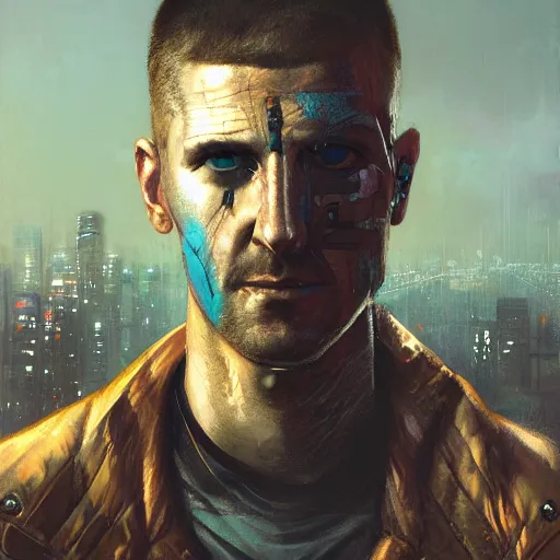 Image similar to cyberpunk, armitage, closeup portrait of an ex soldier, battlescar, artificial eye, brown buzzcut, wired head, dramatic light, city background, sunset, dystopian setting, high contrast, sharp, neuromancer, painted by stanley lau, painted by greg rutkowski, painted by stanley artgerm, digital art, trending on artstation