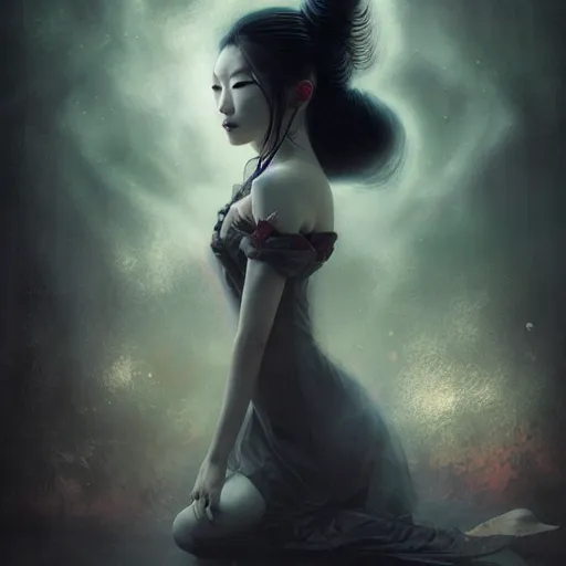 Prompt: Portrait of a riveting Japanese vampire woman!, atmospheric lighting, gothic makeup, intricate, Transylvanian castle, volumetric lighting, beautiful, starlit sky, sharp focus, ultra-detailed, by Tom Bagshaw Leesha Hannigan, Ross Tran, Thierry Doizon, Kai Carpenter, Ignacio Fernández Ríos