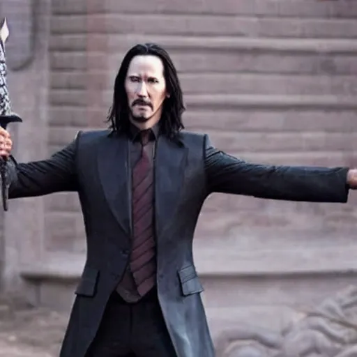 Image similar to film still of Keanu Reeves as Loki holding scepter in Loki tv show