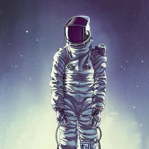 Image similar to cyberpunk japanese man with long limbs and a black spacesuit on a spacewalk, techwear, Industrial Scifi, detailed illustration, character portrait, by Martin Grip and Moebius