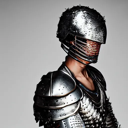 Image similar to a portrait of a beautiful young male wearing an alexander mcqueen armor made of liquid petrol , photographed by andrew thomas huang, artistic