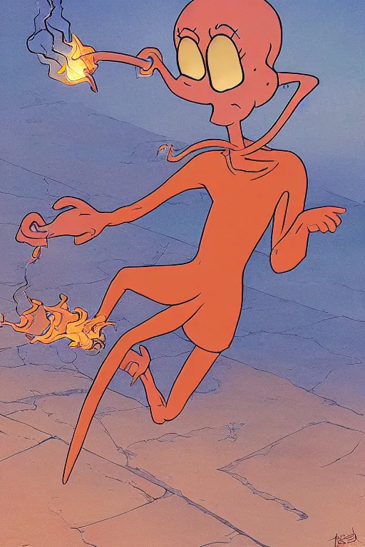 Prompt: squidward firebending outside at susnset, art by [ [ moebius ] ]