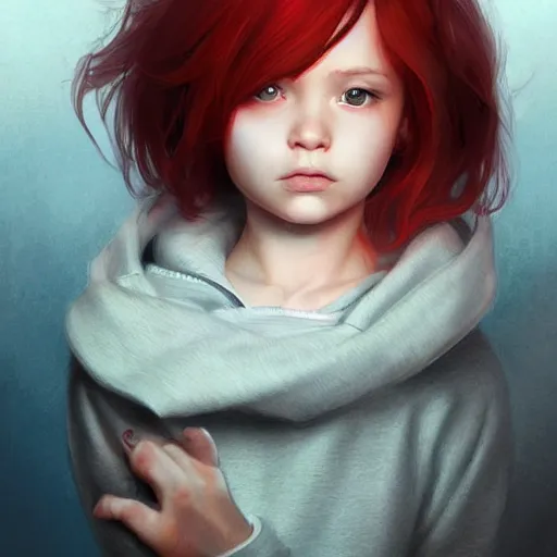 Image similar to a cute tiny girl with short red hair wearing a hoodie, digital art, very beautiful face, pretty face, very detailed eyes, full body illustration, 8 k resolution, soft painting, by greg rutkowski, wlop, rossdraws,