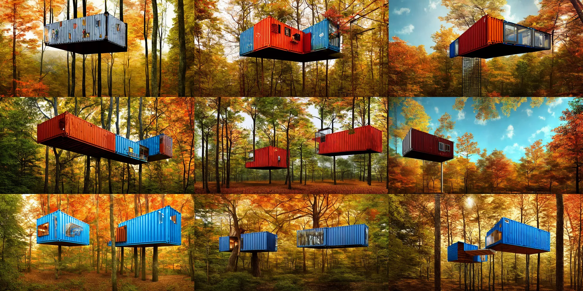 Prompt: treehouse on stilts, made of glass shipping container, modernist, william penn state forest, autumn, trending on artstation, cgsociety, disney, pixar, studio ghibli, makoto shinkai, kathusiro otomo, oil on canvas, denoise, masterpiece, cinematic composition, hyper - detailed, hd, hdr, 8 k