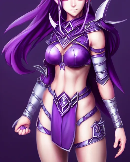 Image similar to character concept of a beautiful and strong purple female anime warrior night elf | | cute - fine - face, pretty face, realistic shaded perfect face, fine details by stanley artgerm lau, wlop, rossdraws, james jean, andrei riabovitchev, marc simonetti, and sakimichan, trending on artstation