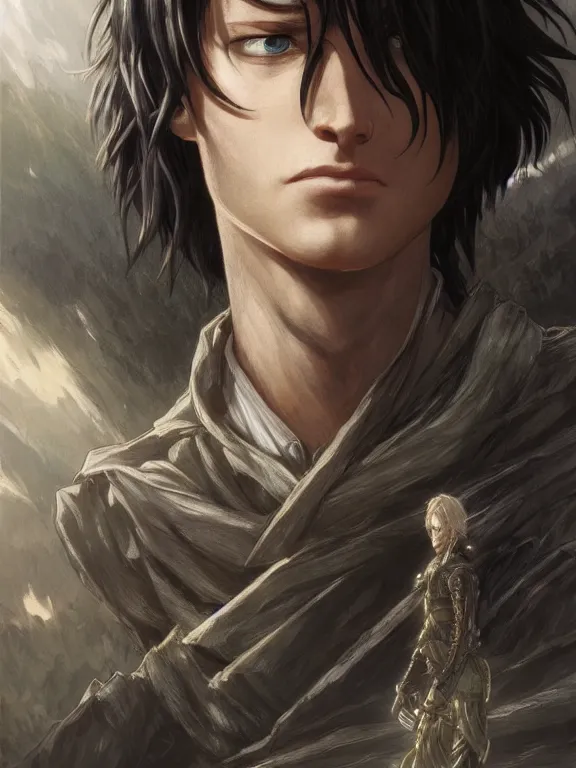 Image similar to levi ackerman, the lord of the rings, hyper detailed,, 8 k realistic, trending in artstation, digital painting, studio quality, cryengine, frostbite 3 engine, character design, smooth, sharp focus, art by artgerm and greg rutkowski and alphonse mucha and ian sprigger and wlop and krenz cushart