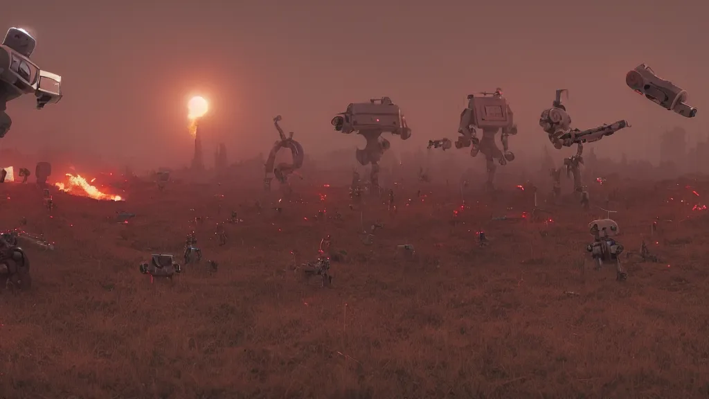 Prompt: robots and humans at war, explosions, smoke by dennis mejillones, in a rural landscape by simon stalenhag, 3 5 mm film photography, dawn, eerie fog, imax film quality, octane render 8 k trending on artstation