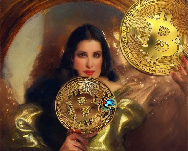 Prompt: attractive woman holding a golden bitcoin, commerial painting by annie liebovitz, gaston bussiere, craig mullins, j. c. leyendecker, 8 k