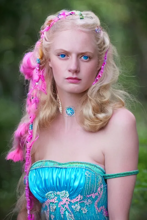 Image similar to a princess with long blonde hair and light blue eyes wearing a strapless elaborately beaded pink dress standing next to a green popup camping tent, high resolution film still, 8k, HDR color, film by Simon Langton and David Frankel, triangular face, very light freckles, round narrow chin, straight jawline, natural lips, high cheekbones, beautiful gazing eyes