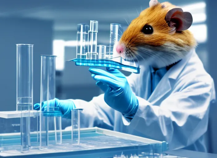 Image similar to film still of a hamster working in a research lab filling test tubes, 8 k