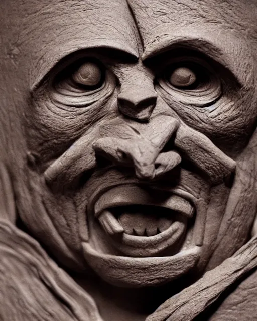 Prompt: 'history textbook page with a picture of a clay sculpture of a goblin' clay sculpture, photograph, zoomed out, trending on tumblr, textbook pages