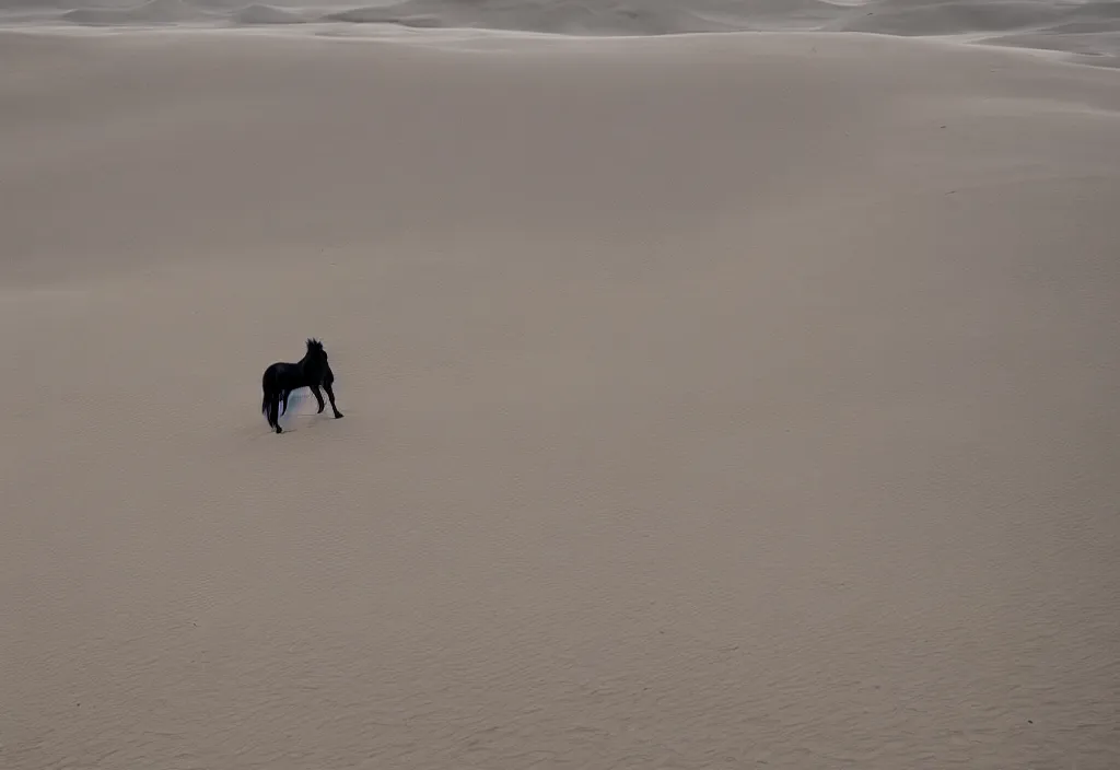 Image similar to a horse made out of flesh walking across sand dunes