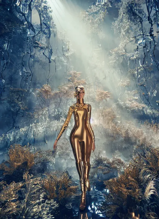 Prompt: beauteous sumptuous, futuristic catwalk fashion show, crystal, gold, copper, bronze, crystalline masterpiece incrustations, by victoria frances, hyperdetailed metalwork, movie still, intricate, octane render, cinematic forest lighting, unreal engine, crepuscular rays, god rays