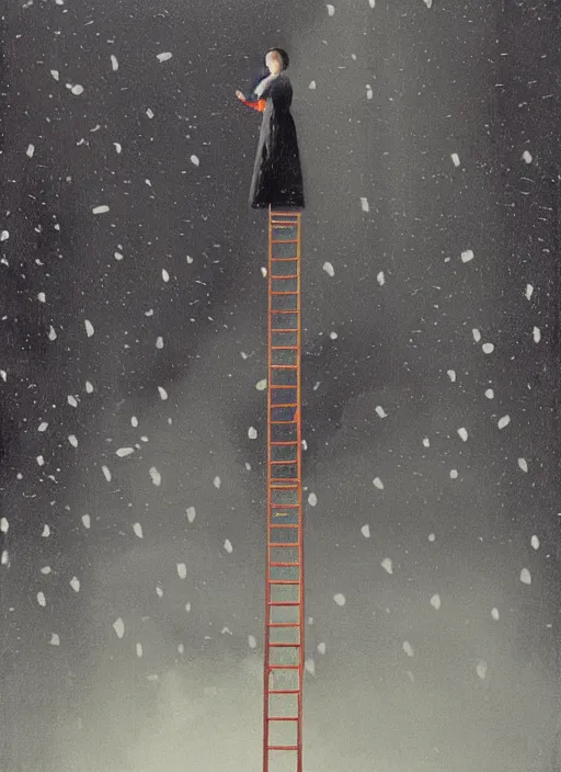 Image similar to woman in black suite climbing ladder to the hole in the sky, snowing night by Edward Hopper and James Gilleard, Zdzislaw Beksinski, Katsuhuro Otomo highly detailed