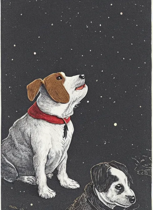 Image similar to candid portrait of jack russel dog sad mouth open, night sky, highly detailed, illustrated by peggy fortnum and beatrix potter and sir john tenniel