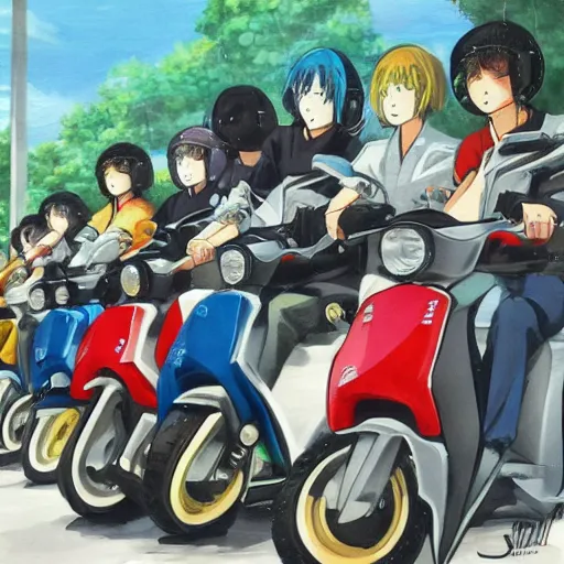 Prompt: anime painting of a japanese scooter meetup, 5 0 ccm, 7 5 ccm