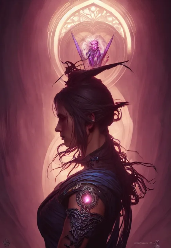 Image similar to Necromancer Sorceress in center, fantasy magic, undercut hairstyle, dark light night, intricate, elegant, sharp focus, illustration, highly detailed, digital painting, concept art, matte, art by WLOP and Artgerm and Greg Rutkowski and Alphonse Mucha, masterpiece