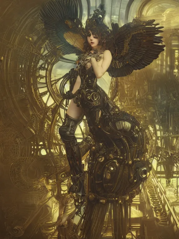 Prompt: steampunk angel, gargantuan wings, brass robotic body, soulless, steampunk city background, sharp focus, highly detailed, cinematic lighting, studio quality, smooth render, unreal engine 5 rendered, octane, rendered, by artgerm, greg rutkowski, alphonse mucha