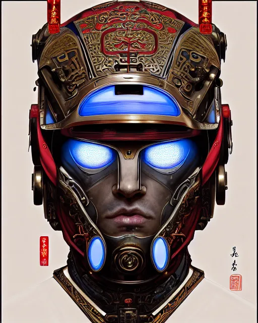 Image similar to portrait of a masculine male cyberpunk machine, machine face, upper half portrait, decorated with chinese opera motifs, asian, fine china, wuxia, traditional chinese art, intricate, elegant, highly detailed, symmetry, headpiece, digital painting, artstation concept art smooth sharp focus, illustration, art by artgerm and greg rutkowski alphonse mucha 8 k