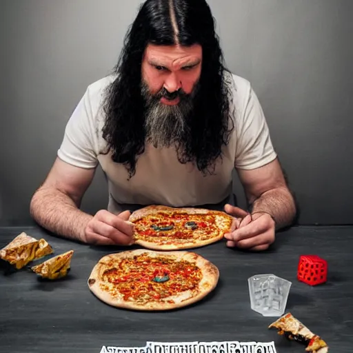 Prompt: a grumpy danish man with long black hair eating pizza while DMing an AD&D game, D&D, rogue, dark hair, skinny, middle aged, D&D dice on table, papers on table, character sheets on table, natural lighting, black hair, dark hair