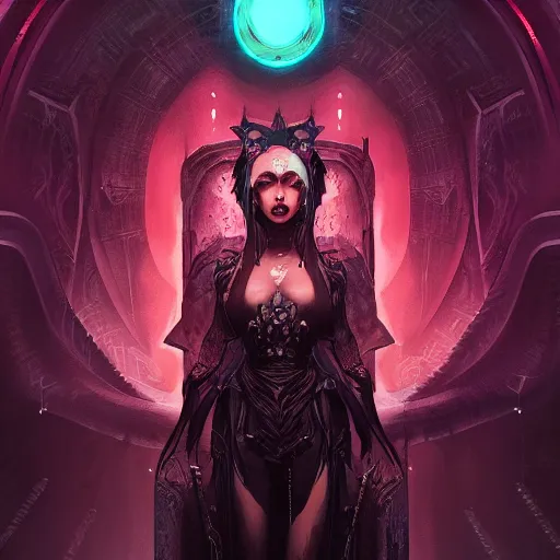 Image similar to queen of death. intricate portrait, occult cyberpunk, ancient futuristic, dark art, occult. by Petros Afshar, by artgerm, Eddie Mendoza