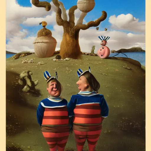 Prompt: portrait of the twins tweedledee and tweedledum in wonderland by salvador dali, detailed matte painting, digital art, 8 k