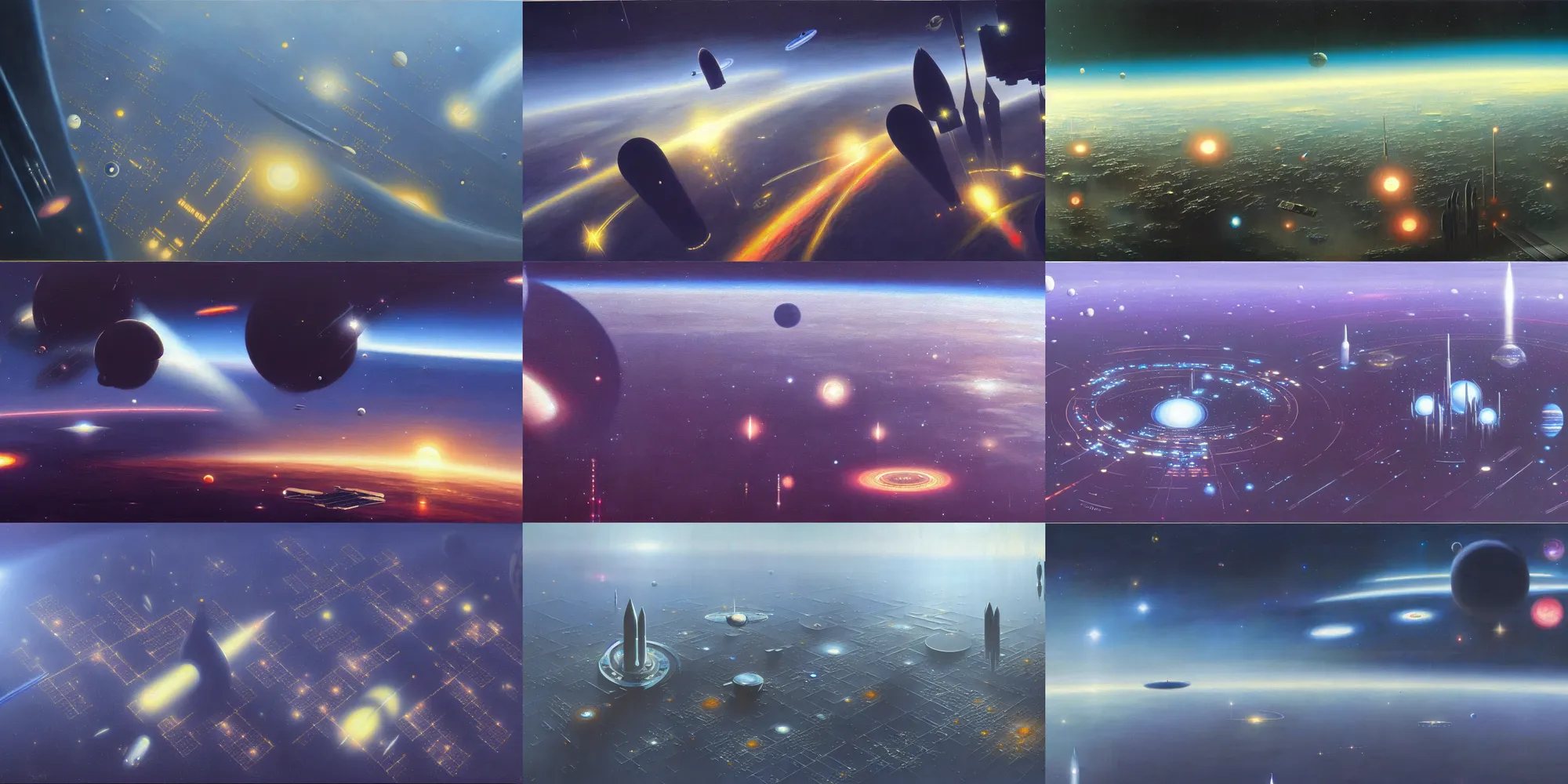 Image similar to a painting of low earth orbit space city by john harris. 8 k, ultra clear detailed.