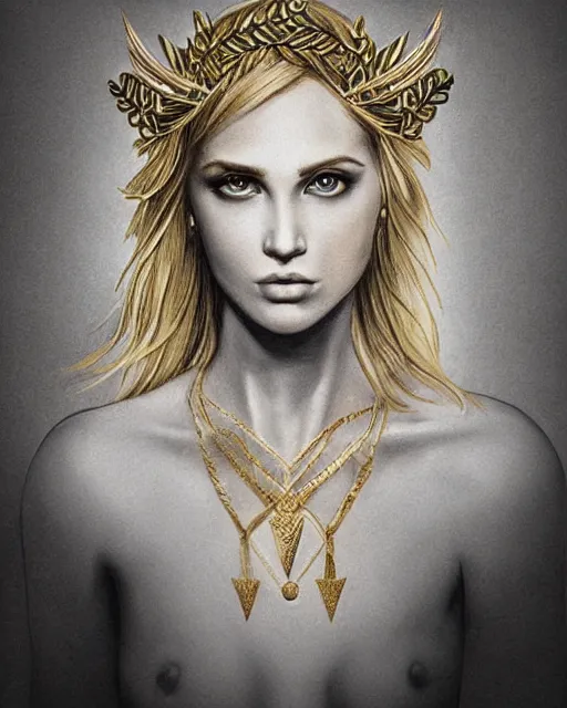 Image similar to tattoo sketch of beautiful super model aphrodite greek goddess wearing a gold laurel wreath and triangle earrings, beautiful piercing gaze with sharp pupils, beautiful blonde hair, in the style of greg rutkowski, fantasy, amazing detail, epic, elegant, smooth, sharp focus, front view