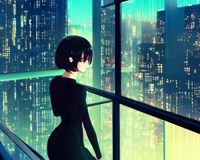 Prompt: anime style young woman wearing a stylish black minidress looking through a penthouse window at a panoramic view of a cyberpunk city at night, bokeh lights, 8 5 mm focal length, ilya kuvshinov, guweiz, artstation trending, concept art, digital painting, cinematic, extreme detail, expansive