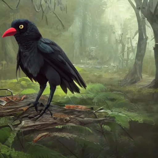 Image similar to concept art painting of an anthropomorphic crow with steampunk clothes, in the deep forest, realistic, detailed, cel shaded, in the style of makoto shinkai and greg rutkowski and james gurney