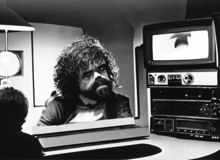 Image similar to a scene from a 1 9 8 2 s halloween iii, peter dinklage is watching tv, vhs distortion, cathode ray tube distortion, folk horror, hauntology, 8 k, 8 5 mm f 1. 8, studio lighting, rim light, right side key light