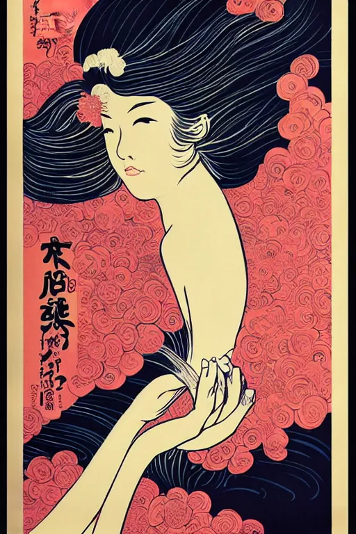 Image similar to Beautiful vintage Japanese poster woman with water as hair flowing down a river, 10% surreal, risograph poster, beautiful colors, deep meaning, Intricate image, moving