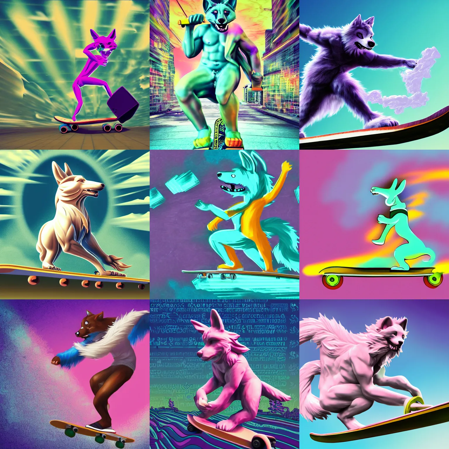 Prompt: vibrant action shot of an anthropomorphic furry greek marble statue riding a skateboard with vaporwave background, furaffinity