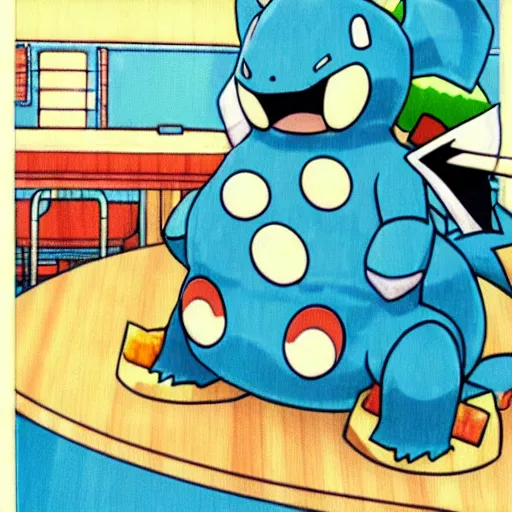 Prompt: totodile eating at sushi buffet, cute, pokemon, ken sugimori