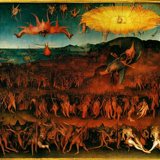 Image similar to vision of hell with winged demons flying over the flames art by : hieronymus bosch, albrecht durer hans memling leonardo da vinci francisco goya pieter bruegel the elder jan van eyck